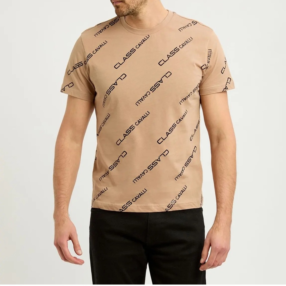 New CAVALLI CLASS Camel/Black Monogram Print T-Shirt